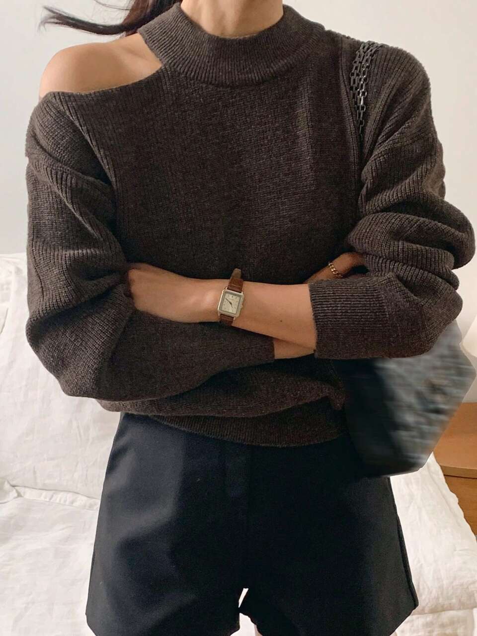 Women's Solid Color Long Sleeve Loose Open Shoulder Casual Sweater, Autumn/Winter,Three Quarter Sleeve Tops