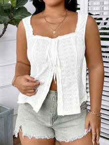 Calvaya Plus Eyelet Embroidery Knot Front Tank Top - White - View 7