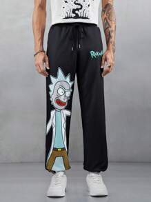 Rick and Morty X SHEIN Pantalones deportivos casuales para hombre con estampado de personaje de dibujos animados y letra, cintura con cordón, bolsillos laterales - Negro - Ver 8