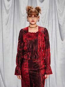 SHEIN 万圣节少女牛仔印花短款上衣和长裙套装，适合搭配单肩包、背包、斜挎包、棒球帽、渔夫帽、贝雷帽、踝靴、休闲鞋、玛丽珍鞋、太阳镜、耳机 - 紅色 - 查看 5