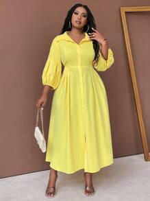Maweii Đầm Maxi Dài Tay Xếp Ly Cổ Áo Sơ Mi Màu Trơn Cỡ Lớn Cài Nút Phía Trước Trang Phục Thường Ngày Cho Nữ - Màu vàng - Xem 5