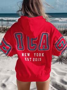 Flirla Plus Size Drawstring Hooded Loose Fit Long Sleeve New York Slogan Print Sweatshirt Graduation,Back To School Outfits,Graduation,Teacher Outfits For Women,Back To School