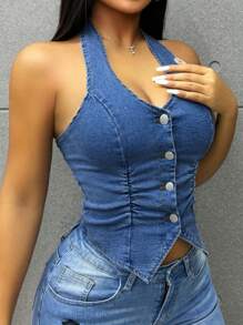 SHEIN Tall Blusa de mujer con cuello de halter en denim, fruncida y con espalda descubierta - Azul lavado medio - Ver 4