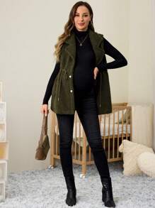 SHEIN Maternity Fuzzy Collar Button Vest Jacket, For Autumn & Winter Pregnancy - Army Green - View 5