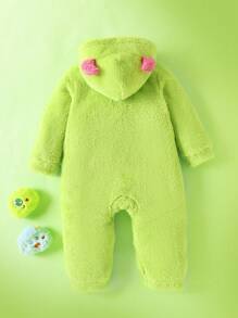 SHEIN Playful Pals Baby Girl Autumn Winter Lime Monster Embroidered Jumpsuit - Green - View 7