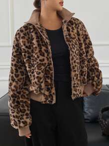 DAZY Veste régulière pour femmes doublée thermique imprimé léopard, imprimé guépard automne/hiver, doublée thermique - Tabac - Voir 3