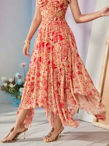 Frida Kahlo X SHEIN X Designer RAUL OROZCO Boho Bohemian Floral Printed Asymetrical Mesh Skirt, Holiday, Party, Thanksgiving, Vacation, Spring & Summer, Festival