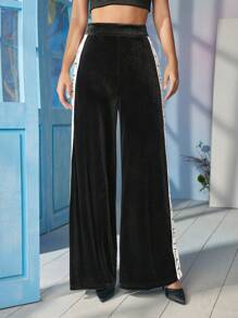 ISELACOS Frida Kahlo X SHEIN X Designer Quần ống rộng cạp cao bằng nhung đen in ruy băng logo, ngày lễ, lễ tạ ơn, mùa xuân, lễ hội - màu đen - Xem 5