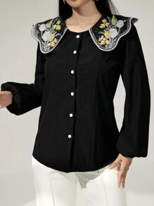 Modelyn Áo sơ mi nữ tay dài cài nút thêu hoa thường ngày - màu đen - Xem 6