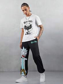 Rick and Morty X SHEIN Pantalones deportivos casuales para hombre con estampado de personaje de dibujos animados y letra, cintura con cordón, bolsillos laterales - Negro - Ver 4