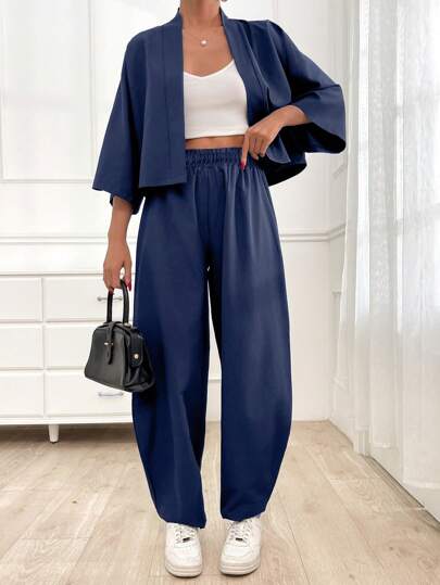 EURMUSE 2pcs/Set Casual Solid Color Daily Co-Ord Set - Jacket And Pants