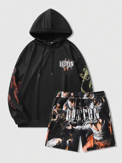 Street Life 2pcs Men's Casual Letter Print Drawstring Hoodie Sweatshirt And Shorts Tracksuit Set