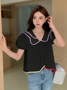 EastFlair 宽松休闲翻领拼色短款泡泡袖衬衫