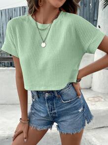 SHEIN VCAY Spring Solid Batwing Sleeve Crop Tee - Green - View 5