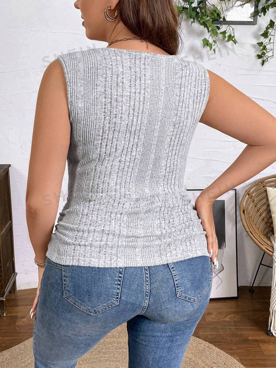 SHEIN LUNE Plus Size Women Grey Sleeveless Asymmetrical Fuzzy Camisole