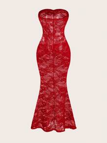 Opulessa Casual Knitted Lace Slim Fit Strapless Mermaid See Through Dress For Women Maxi Women  Bachelorette  Sexy  Dresses Party Sexy - Red - View 2