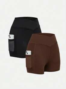 SHEIN Bộ 2 quần legging lưới đan eo cho bé gái tuổi teen - màu nâu - Xem 1