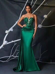 SHEIN Belle Elegante vestido de cola de sirena de satén brillante con pliegues en la cintura alta, cuello en V profundo y aplicaciones de lentejuelas tridimensionales verdes de lujo, adecuado para todas las ocasiones formales, cena de industria pesada, baile de graduación, invitado de boda - Verde - Ver 6