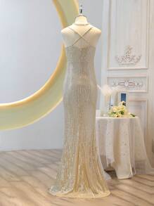 SHEIN 青少年女孩闪亮优雅高腰荷叶边 V 领开衩长裙礼服 - 杏色 - 查看 2