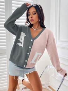 SHEIN Unity Cardigan à manches longues avec imprimé blocs de couleurs pour femmes