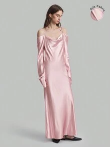 Ontre Elegant Fitted Off Shoulder Bell Sleeve Fish Tail Silk Party Dress, Pink Pastel Dress