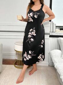 SHEIN Plus Size Mid-Length Nightgown With Plum Blossom Collar Lace Printed - Multicolor - View 5