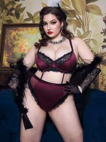 PinupPomp Conjunto de lencería sexy con tirantes finos, encaje y espalda descubierta para tallas grandes - Multicolor - Ver 3