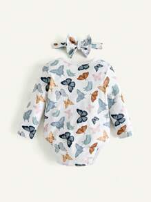 Cozy Pixies 2pcs Baby Girl Colorful Butterfly Pattern Knitted Soft Crew Neck Long Sleeve Bodysuit With Headband Set - White - View 2
