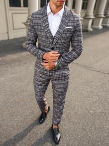 Manfinity Mode Men's Spring & Autumn Plaid Lapel Neck Long Sleeve Jacket & Pants Business Suit - Dark Grey - View 5