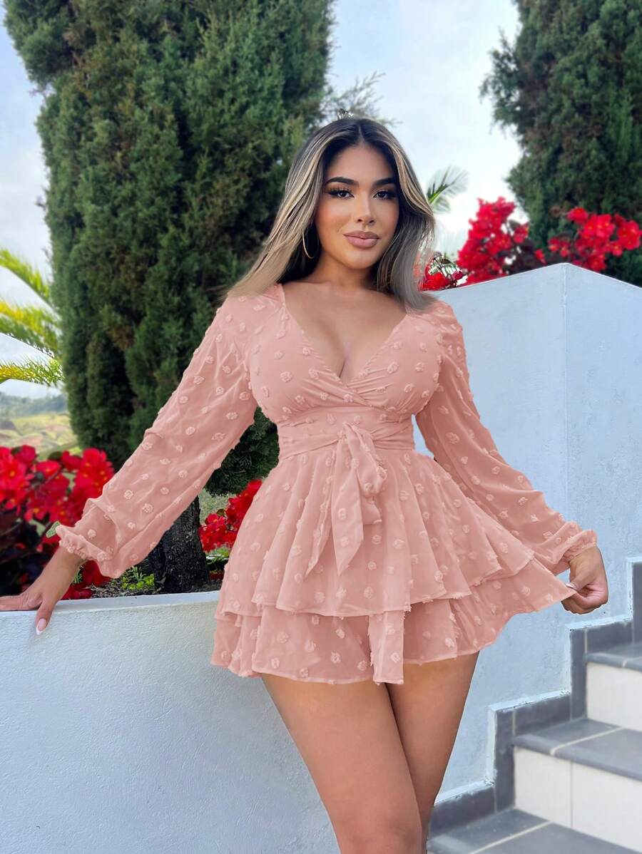 SHEIN SXY 女式 V 领纯色分层长袖连体裤性感波西米亚风生日单身派对女装夏季度假海滩波西米亚风度假装女装