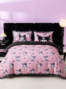 HELLO KITTY AND FRIENDS | SHEIN Cartoon Kuromi Print Contrast Ruffle Trim Bedding Set - Baby Pink - View 5
