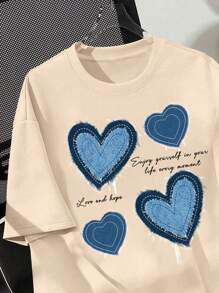 SHEIN EZwear Plus Size Casual Simplicity Blue Heart Graphic Round Neck Short Sleeve Loose T-Shirt For Women, Summer - Apricot - View 3