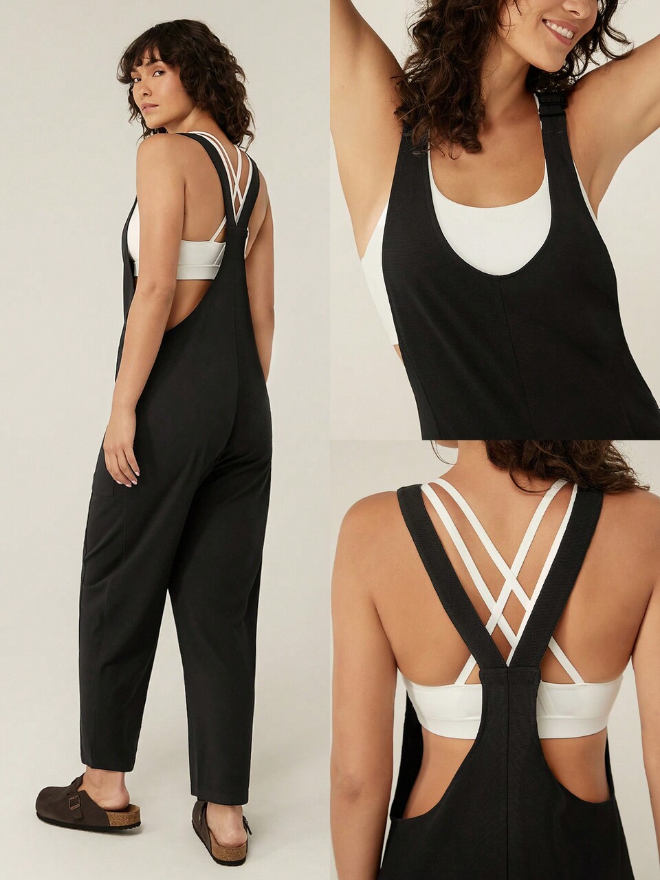 24" Waffle-Knit Soft V Neck Open X Back Jogger Overalls With Side Pockets Daily Casual