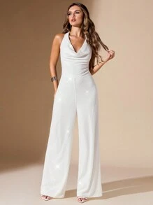 SHEIN BAE 女士纯色亮片挂脖阔腿连体裤