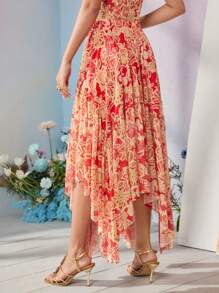 Frida Kahlo X SHEIN X Designer RAUL OROZCO Boho Bohemian Floral Printed Asymetrical Mesh Skirt, Holiday, Party, Thanksgiving, Vacation, Spring & Summer, Festival