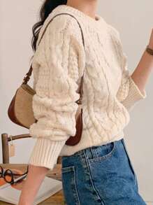 DAZY Suéter de mujer de cuello redondo con hombros abiertos y punto de canalé para otoño