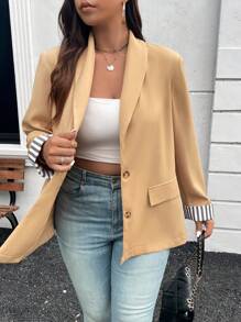 SHEIN Essnce Plus Size Casual Colorblock Striped Loose Blazer Fall/Winter - Khaki - View 5