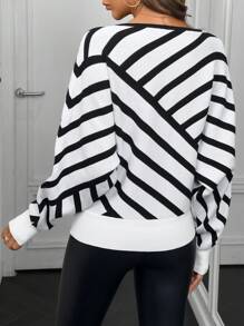 Chiquease Women's Color Block Striped Printed Long Sleeve Pullover Sweater Knit Pullover Fall Winter Outfit - Black and White - View 2