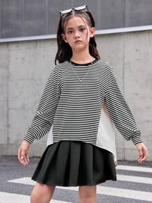 SHEIN 2pcs Tween Girl Knit Asymmetrical Patchwork Top And Pleated Skirt Set