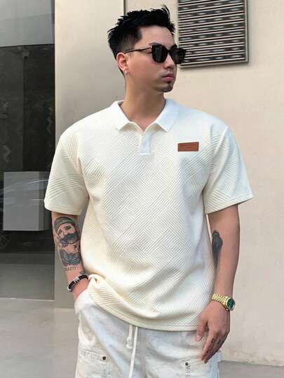 DAZY Men's Solid Color Patchwork Short Sleeve Minimalist Logo T-Shirt, Casual Summer Business Attire