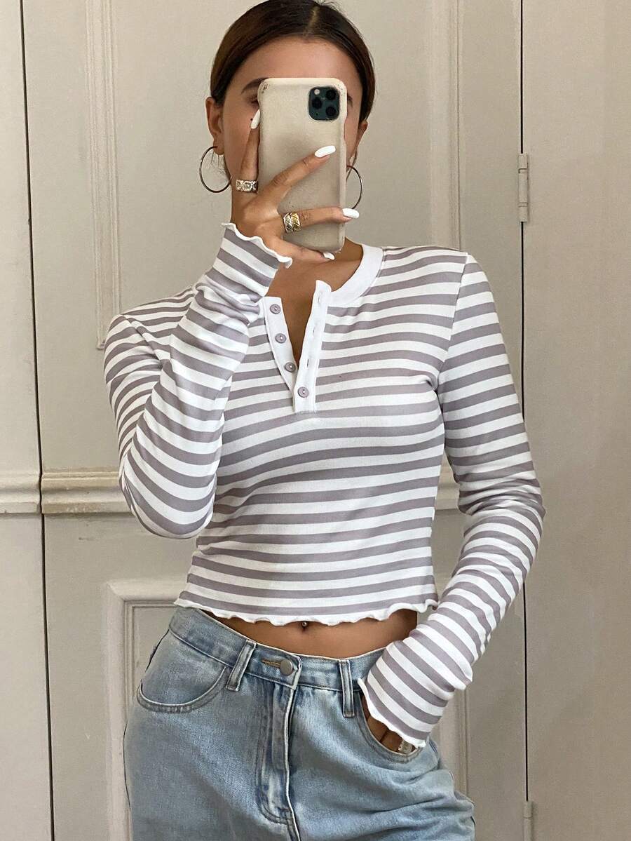 DAZY Áo thun bó sát giữ nhiệt kẻ sọc màu tương phản dành cho nữ - Xám - Xem 1