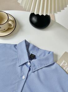 SHEIN Unity 女士蓝色条纹刺绣蝴蝶结衬衫，短款女士衬衫 - 寶藍色 - 查看 5