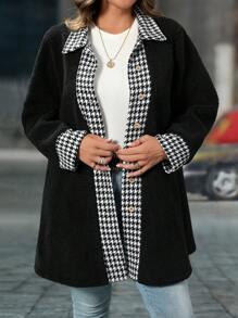 SHEIN LUNE 大码拼色千鸟格图案夹克，秋冬 - 黑色 - 查看 5