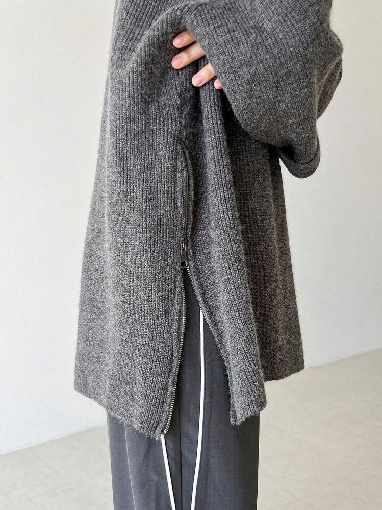 FRIFUL Women's Thick Sweater With Side Slit And Metal Zipper,Thermal Lined Fall,Winter - Grey - View 6