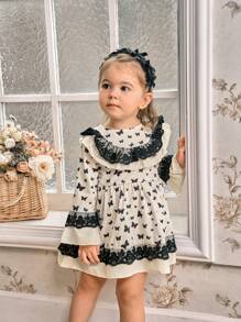 SHEIN Vestido de manga larga con estampado de mariposas, ribete de encaje floral vintage elegante para bebé niña, primavera y otoño - Negro - Ver 3