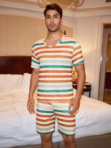 CoupledUp Multicolor Striped Print Short Sleeve Shorts Men Pajama Set - Multicolor - View 6