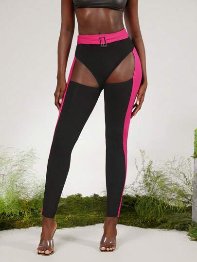 evoluSHEIN X Anitta Spagnelli Designer Color-Blocked Hollow Out Buckle Leggings, Holiday, Thanksgiving, Festival