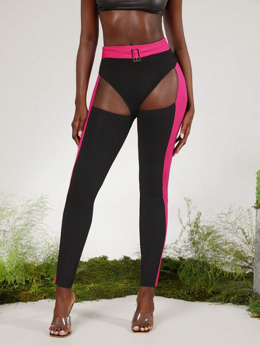 evoluSHEIN X Anitta Spagnelli Designer Color-Blocked Hollow Out Buckle Leggings, Holiday, Thanksgiving, Festival - Black - View 1