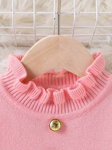 Baby Girl Ruffle Trim Button Front Long Sleeve Casual Knit Sweater Dress - Pink - View 4