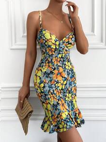 EURMUSE Women's Spaghetti Strap Backless Sleeveless Allover Allover Print Ruched Fitted Dress - Multicolor - View 1